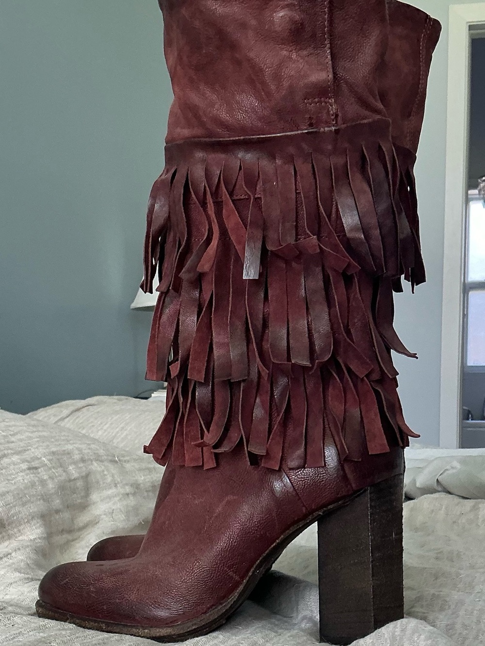 A.S.98 Burgundy Layered Fringe Mid-Calf Leather Boots - Picture 3 of 7